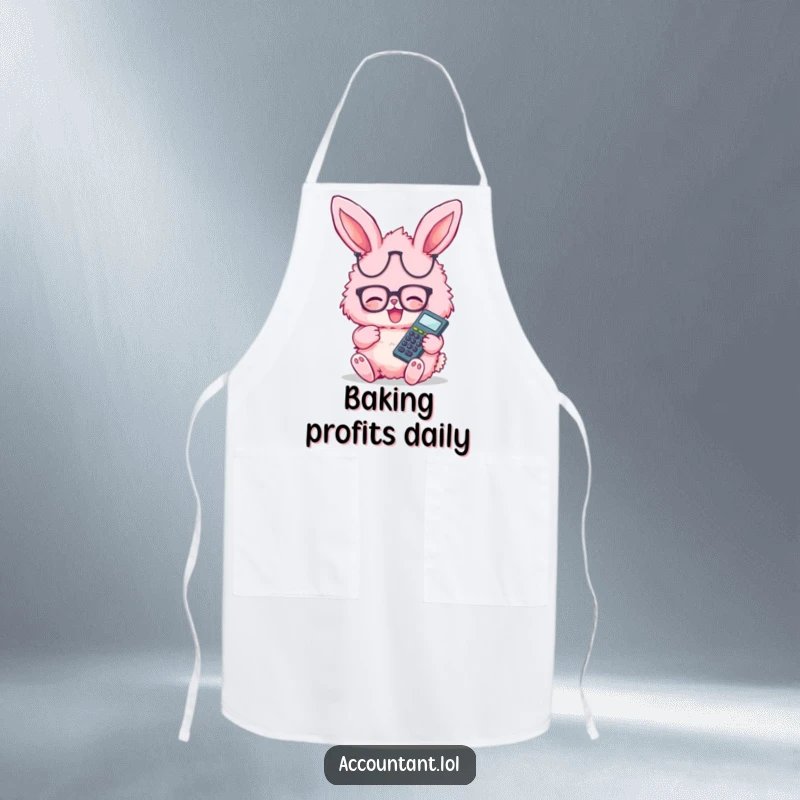 Funny pink fluffy bunny wearing glasses, giggling happily with calculator, worn as a cute kitchen apron.