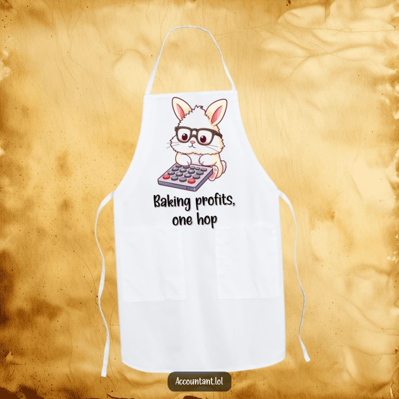 Funny Apron showing a fluffy bunny in glasses, expertly using a calculator while cooking, a kitchen humor item.