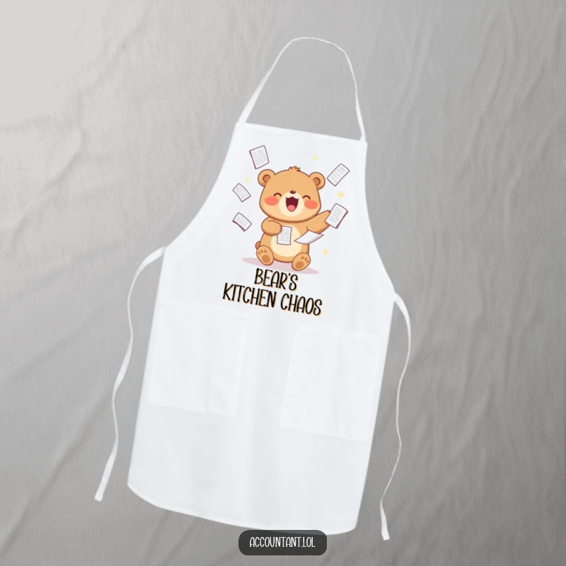 Funny Bear Analyst Apron, a delighted bear, juggling spreadsheet documents, humorous and practical, perfect for cooking.
