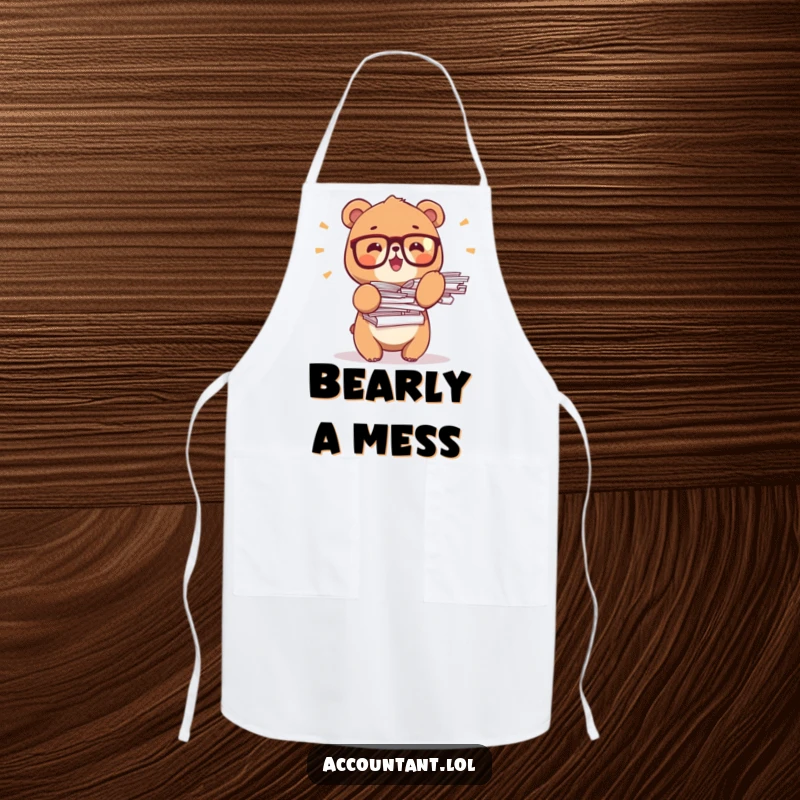 Funny bear office apron, a tiny bear wearing glasses, balancing paper stacks, ideal for kitchen activities and fun.