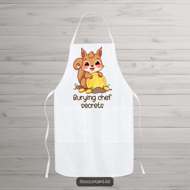 Funny delighted squirrel burying a giant golden coin, a humorous and practical apron for kitchen fun.