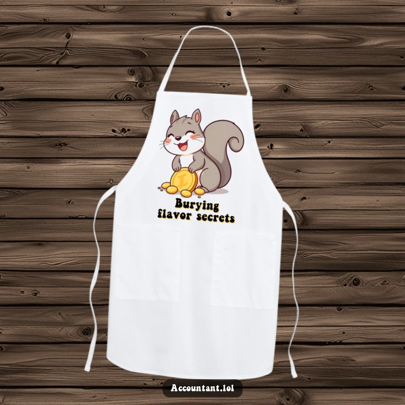 Funny Squirrel Apron: A delighted squirrel joyfully buries a giant golden coin, perfect for kitchen adventures and happy baking.