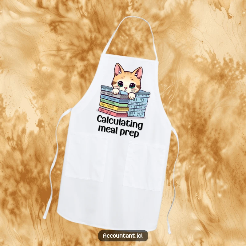 Funny curious cat peeking from behind financial charts, a humorous and practical apron for kitchen fun.