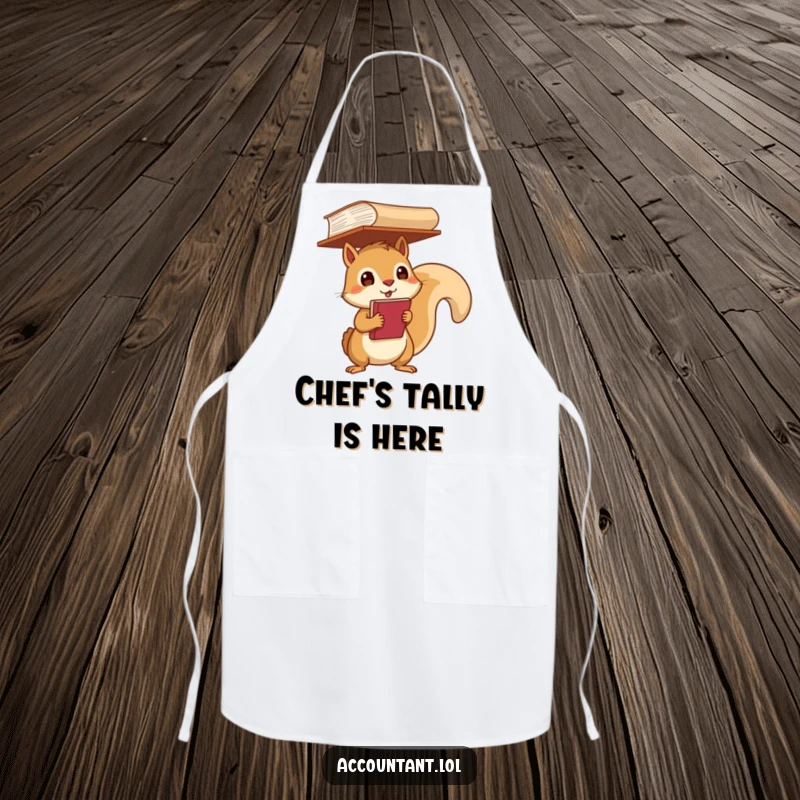 Funny Apron showing a determined squirrel balancing a ledger, a humorous kitchen accessory.