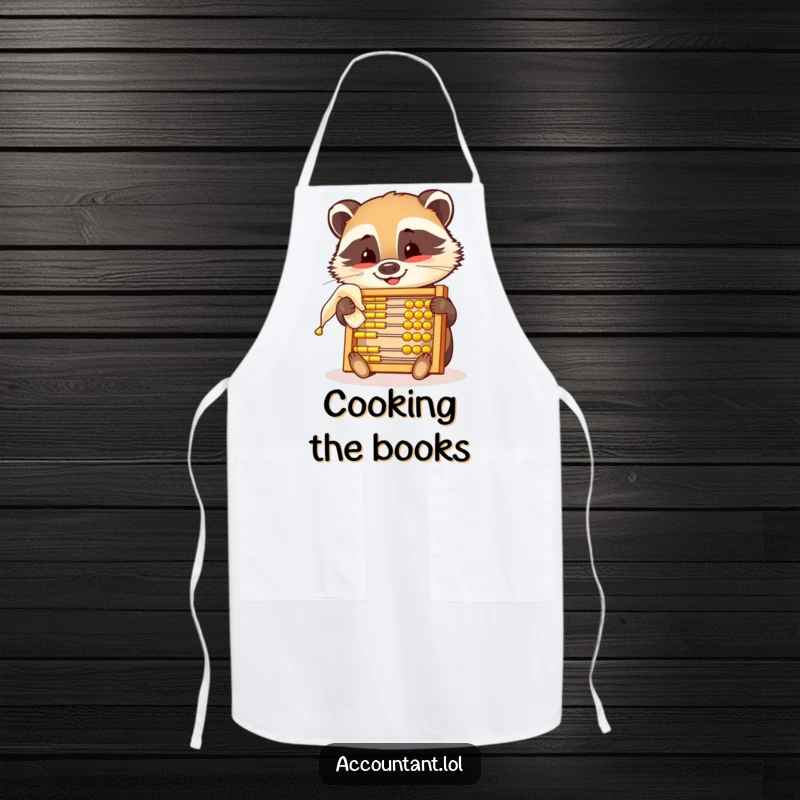 Funny apron with a smiling badger polishing a golden abacus, adding a humorous touch to kitchen activities with a focus on precision.