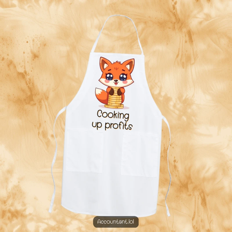 Funny giddy red fox stacking oversized coin stacks with wide, excited eyes, worn as a kitchen apron.
