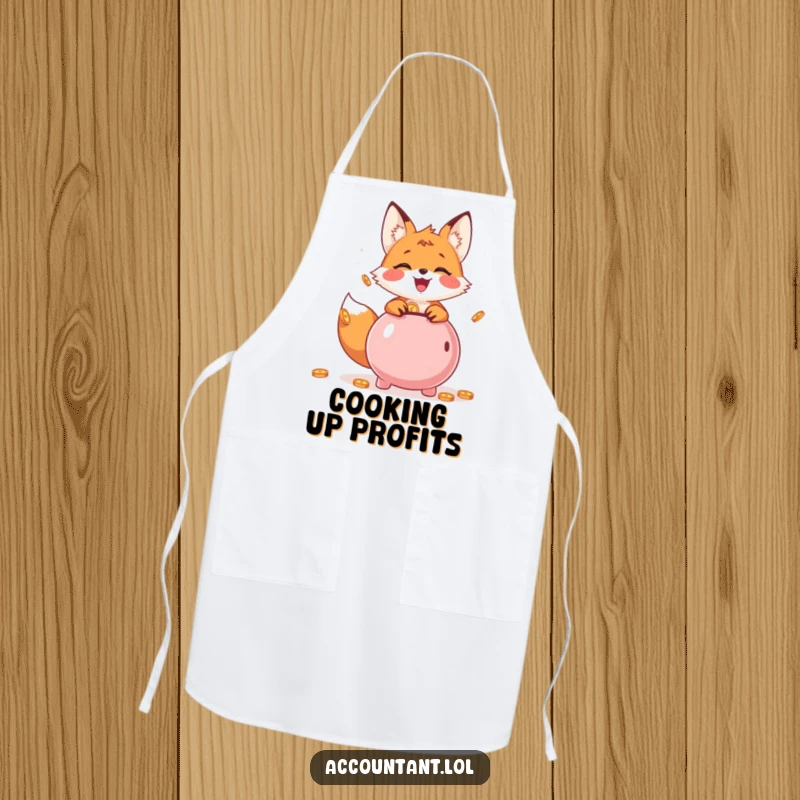 Funny Apron showing a cheerful fox cub throwing coins into a piggy bank, a humorous kitchen accessory.