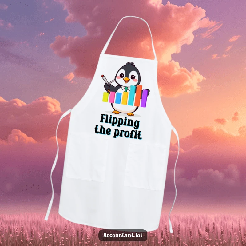 Funny Penguin Accountant Apron: A penguin accountant joyfully presents a colorful bar graph while ready to cook.