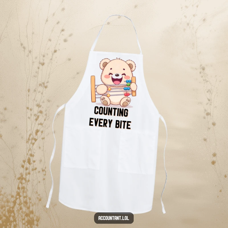 Funny apron displaying a cheerful fluffy bear cub holding a large abacus, making kitchen tasks a delightful and humorous experience.