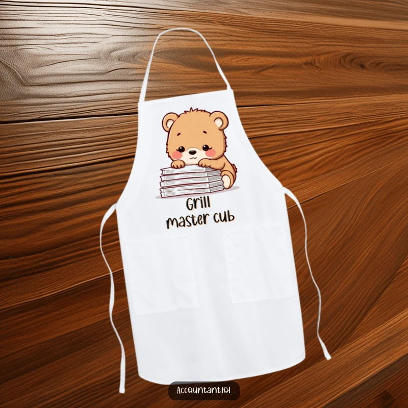 Funny apron featuring a contented bear cub smiling over a pile of spreadsheets, adding a peaceful and humorous touch to cooking.