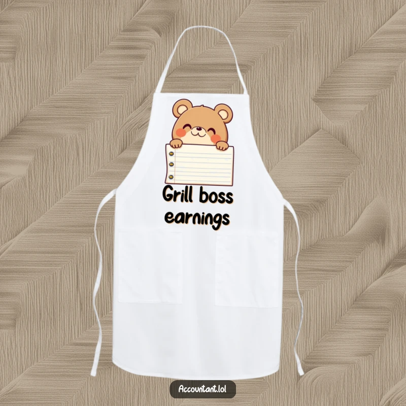 Funny chubby bear accountant peeking over a large ledger with a pleased surprise, humorous kitchenwear.