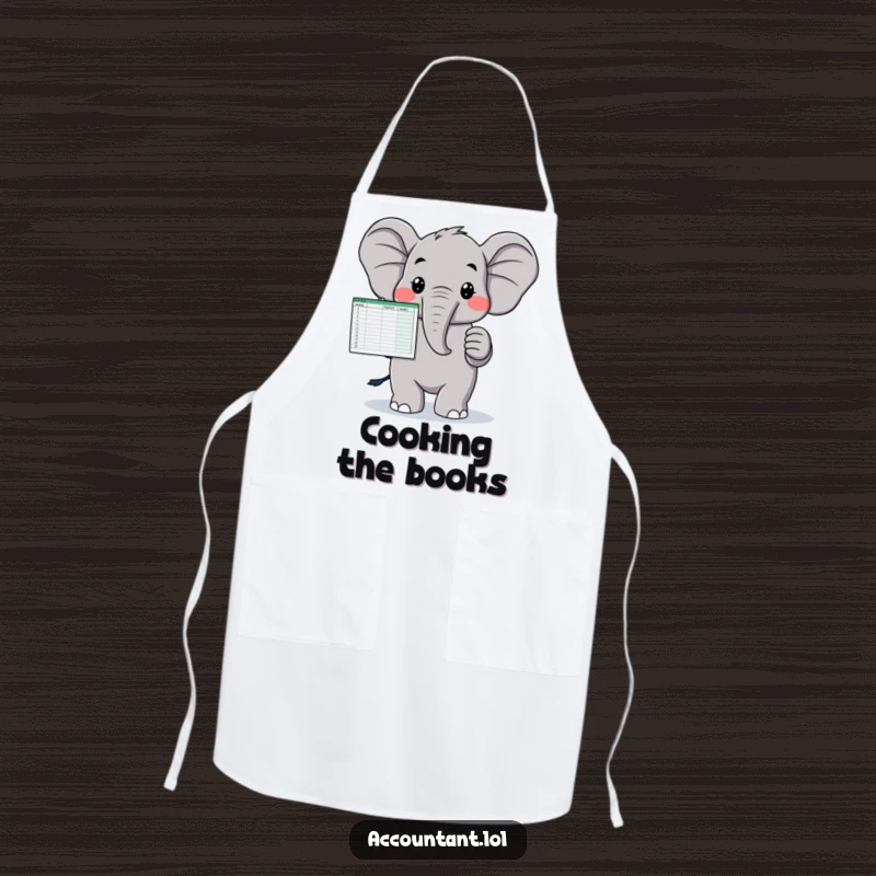Funny apron showcasing a proud elephant holding a spreadsheet, a humorous and functional kitchen accessory.