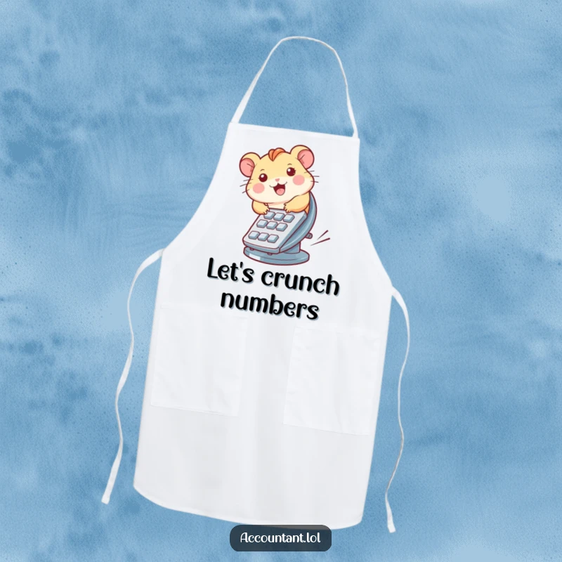 Funny apron displaying a hamster's energetic dash on a calculator wheel, a funny and functional kitchen accessory.