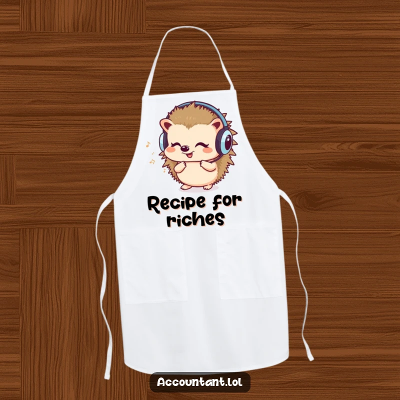 Funny apron depicting a cute hedgehog wearing headphones, humming and counting, perfect for adding humor to cooking tasks.