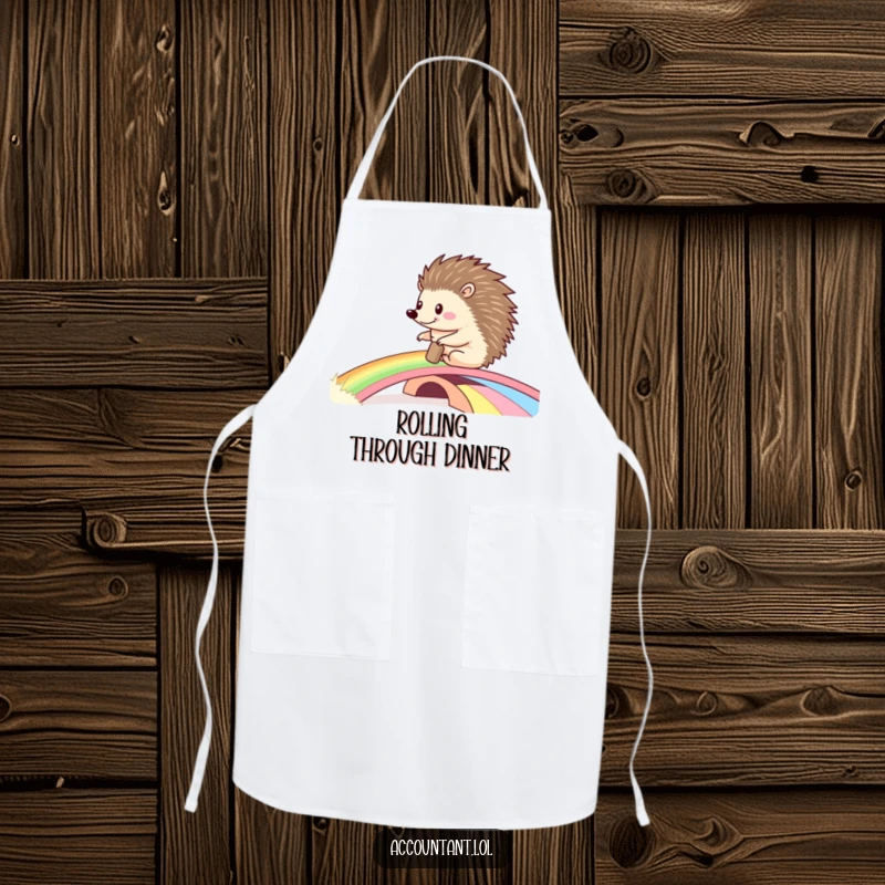 Funny apron design with a happy hedgehog pushing a large ledger across a vibrant rainbow bridge, making cooking a whimsical delight.