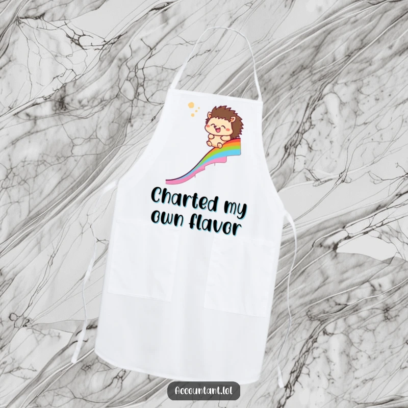 Funny hedgehog apron showing a happy hedgehog sliding down a rainbow chart, ideal for kitchen success and humor.