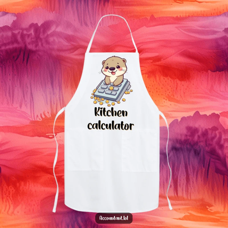 Funny apron with a giggling otter sliding down a calculator button into a pit of coins, humorous protection.