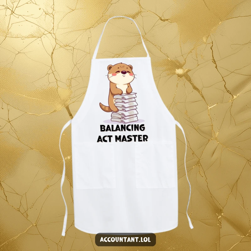 Funny otter apron, a playful otter winking while balancing receipts, kitchen humor for cooks and bakers.