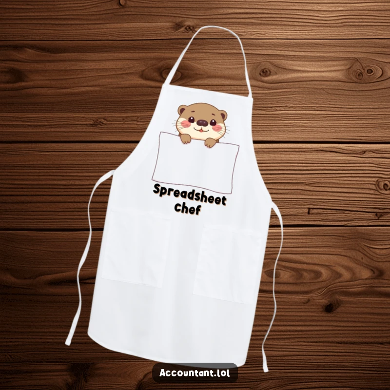 Funny otter apron showing a curious otter peeking over a spreadsheet, perfect for kitchen tidiness and humor.