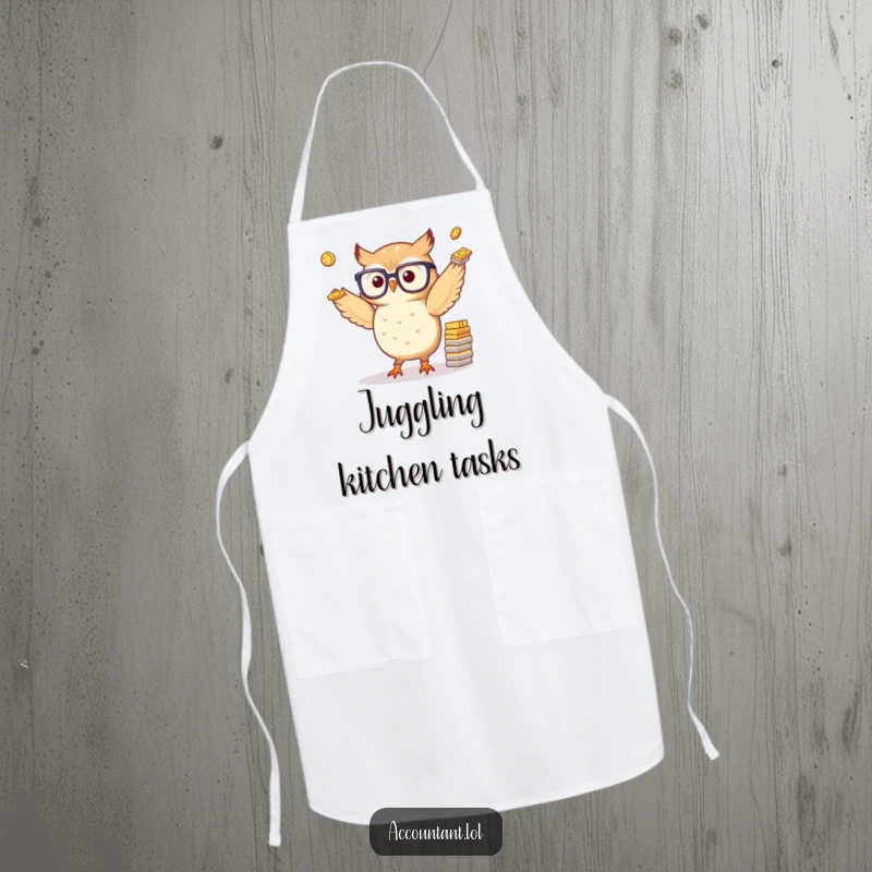 Funny apron design with a small, bespectacled owl expertly juggling stacks of colorful paper coins, making kitchen tasks humorous.