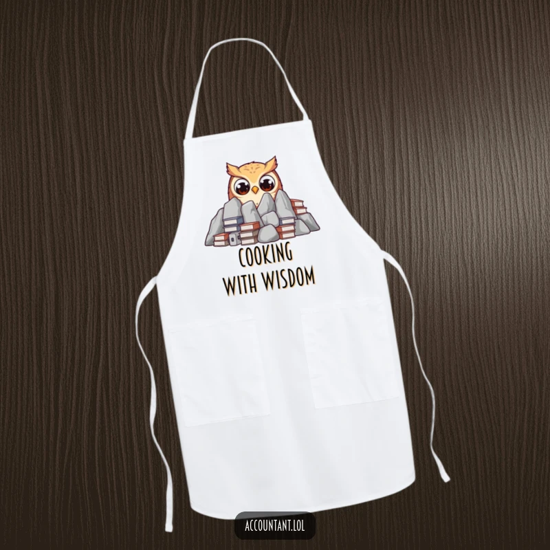 A curious owl is peeking out from behind a mountain of ledgers with wide eyes, printed on a funny apron.