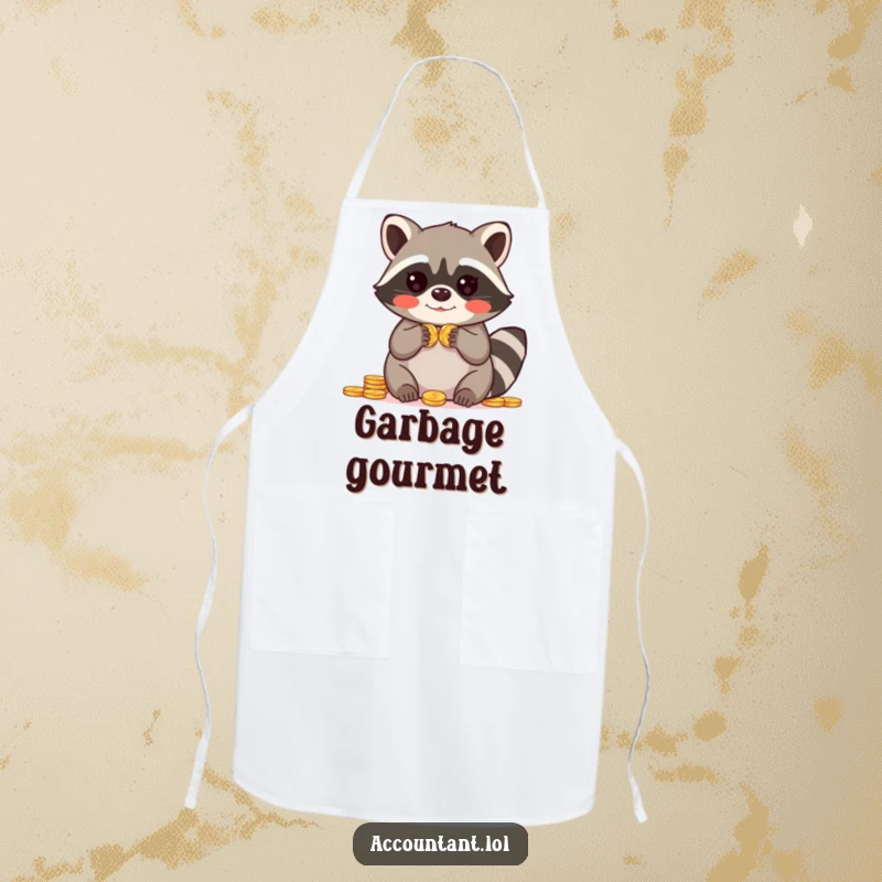 Funny apron with a blushing raccoon holding paws up in amazement over a pile of coins, humorous protection.
