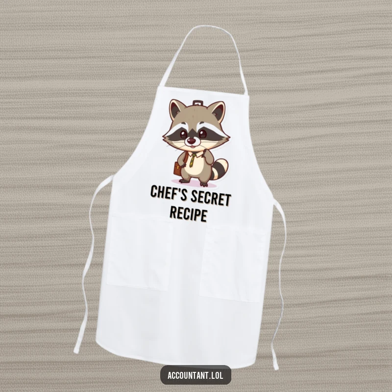 Funny apron depicting a sly raccoon balancing a briefcase on its nose, ideal for adding humor to cooking duties.
