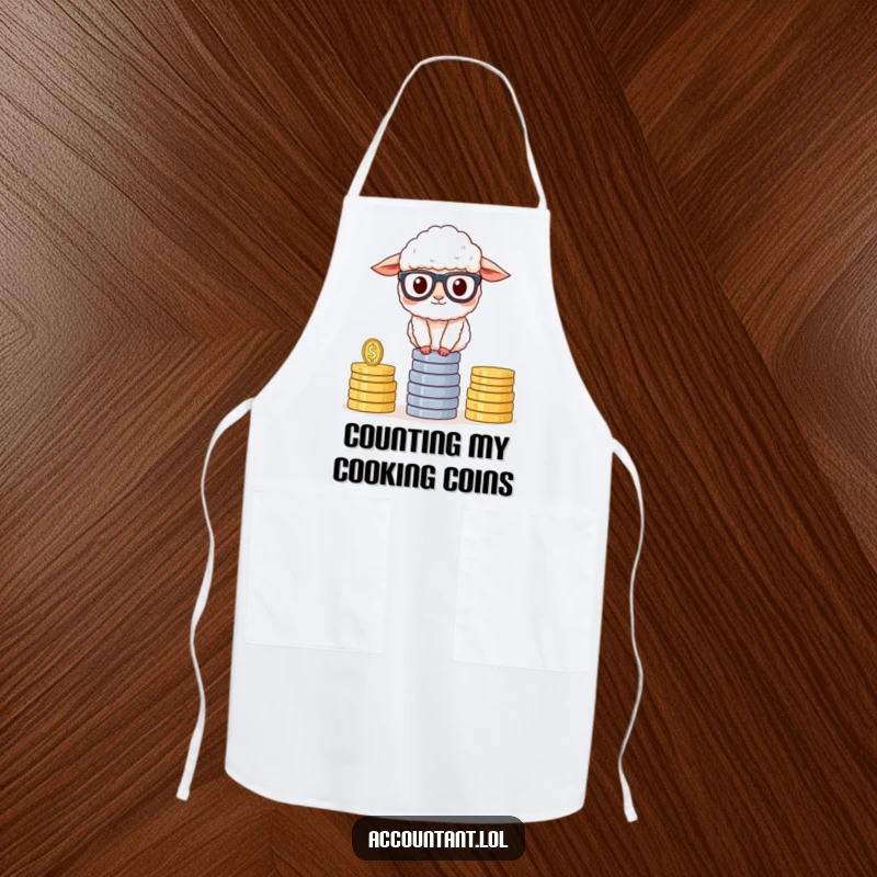 Funny Sheep Accountant Apron, a fluffy sheep in glasses, balancing coins, ideal for kitchen fun and as a humorous gift.