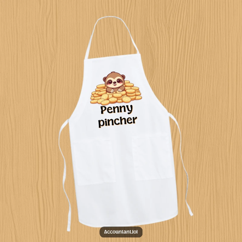 Funny apron with a joyful sloth emerging from an abundance of coins, ideal for humorous kitchen protection.