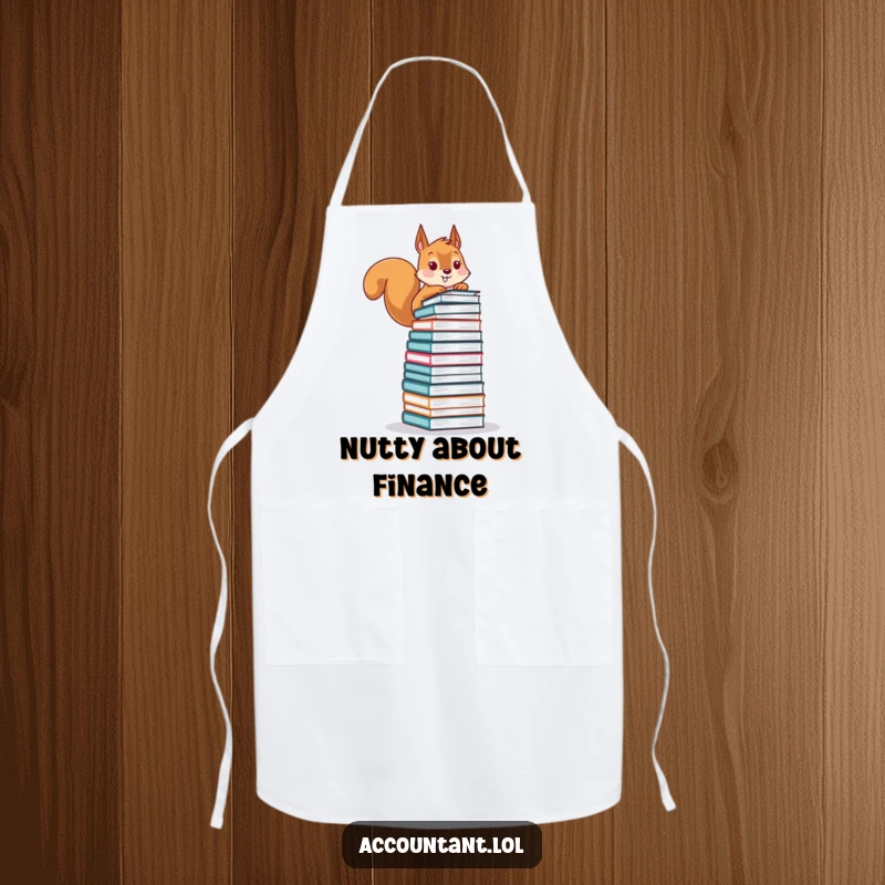 Funny apron featuring a playful squirrel balancing a tall stack of financial ledgers, adding humor to kitchen tasks.