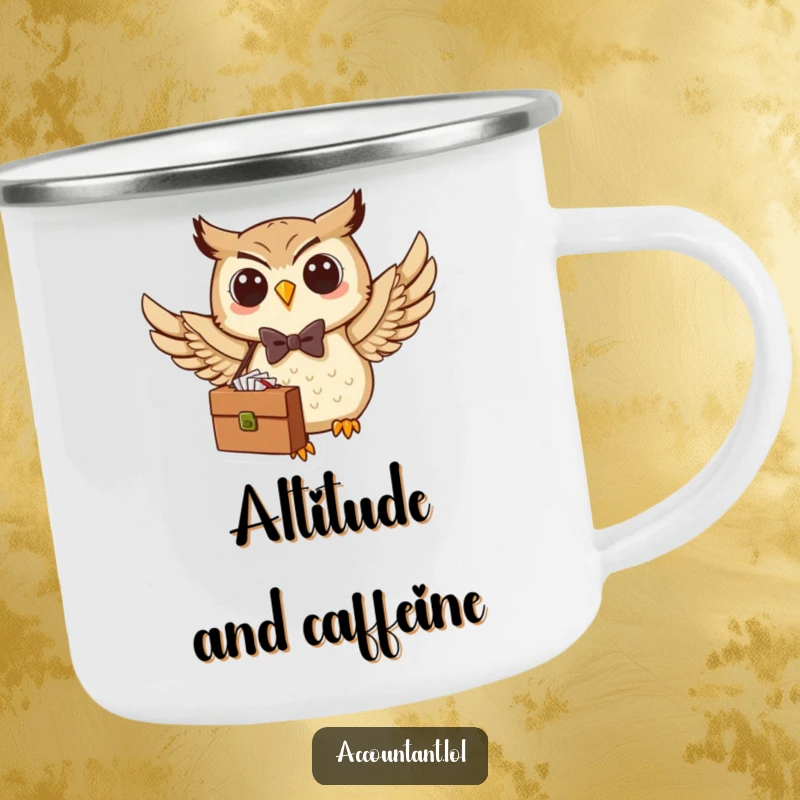 Funny Owl Camping Mug: A dapper owl in a bow tie flies with a briefcase, ready for outdoor adventures and coffee.
