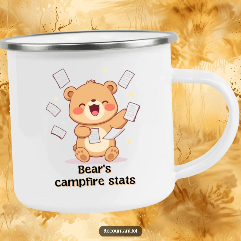 Funny Bear Analyst Camping Mug, a bear juggling spreadsheets, durable and humorous, ideal for outdoor work sessions.