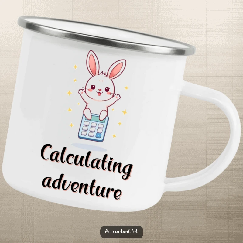 Funny camping mug featuring a happy bunny energetically bouncing on a calculator surrounded by starbursts, for outdoor calculation fun.
