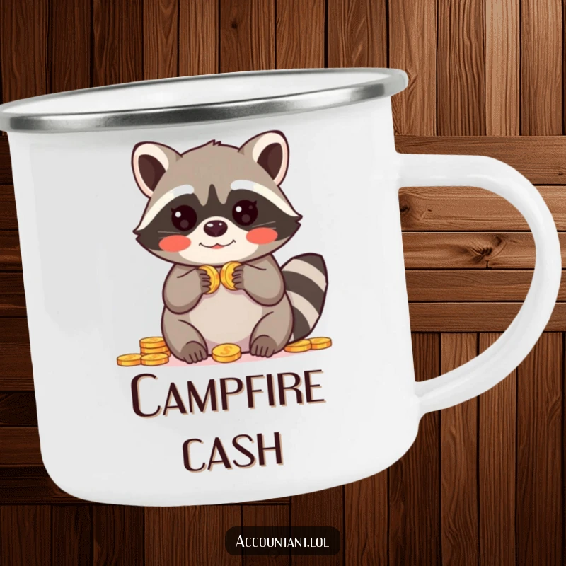 Funny camping mug showing a blushing raccoon with paws up in amazement over coins, perfect for outdoor humor.