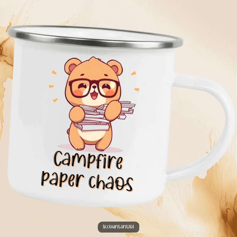 Funny bear office camping mug, a tiny bear wearing glasses, balancing stacks of papers, durable for outdoor use.