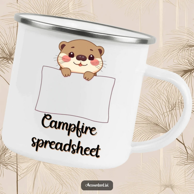 Funny otter camping mug featuring a curious otter peeking over a spreadsheet, ideal for outdoor data enthusiasts.