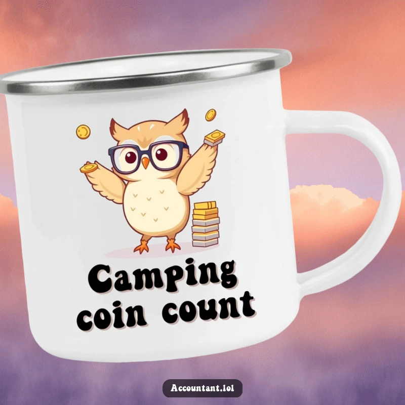 Funny camping mug showing a small, bespectacled owl expertly juggling paper coins, bringing financial humor to outdoor excursions.