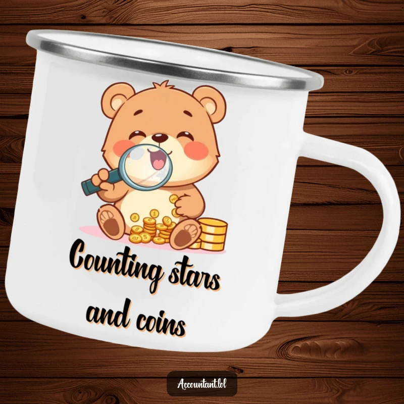 Funny cheerful bear cub counting coins with a magnifying glass on a durable and funny camping mug.