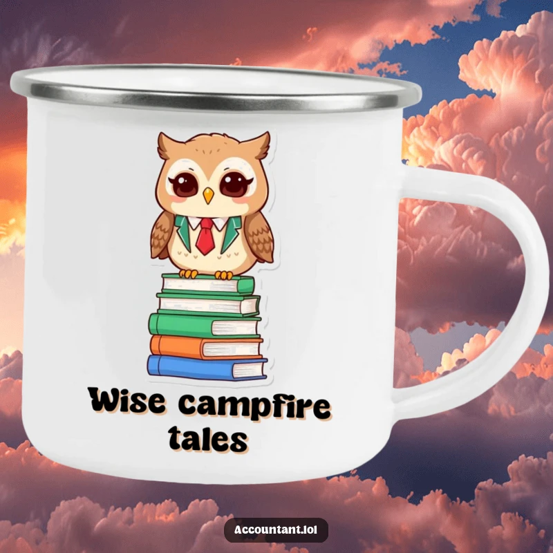 Funny Owl Accountant Camping Mug: A wise owl accountant sits on books, ready for the great outdoors.