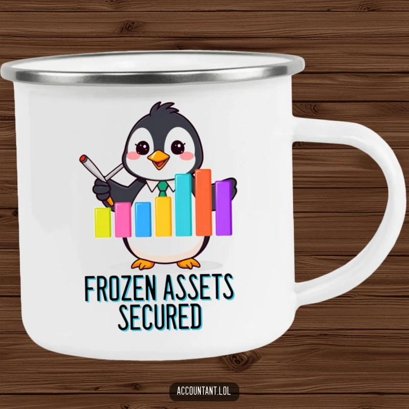 Funny Penguin Accountant Camping Mug: A penguin accountant holds a colorful bar graph, ready for the great outdoors.