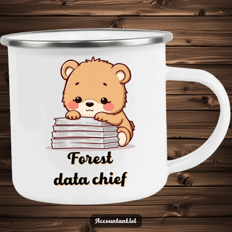 Funny camping mug featuring a contented bear cub smiling over spreadsheets, perfect for enjoying drinks outdoors with a peaceful, humorous vibe.