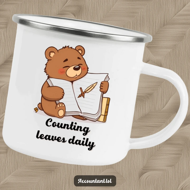 Funny determined brown bear scribbling furiously on a large ledger with a quill, on a durable enamel camping mug.