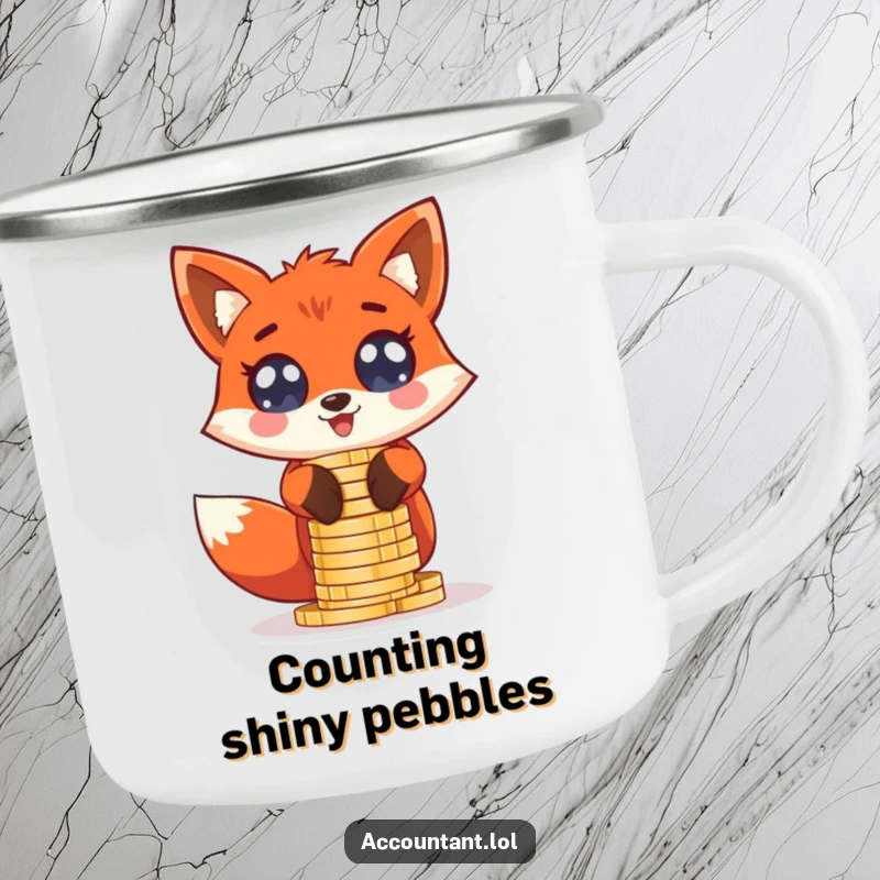 Funny giddy red fox stacking oversized coin stacks with wide, excited eyes, on a durable enamel camping mug.