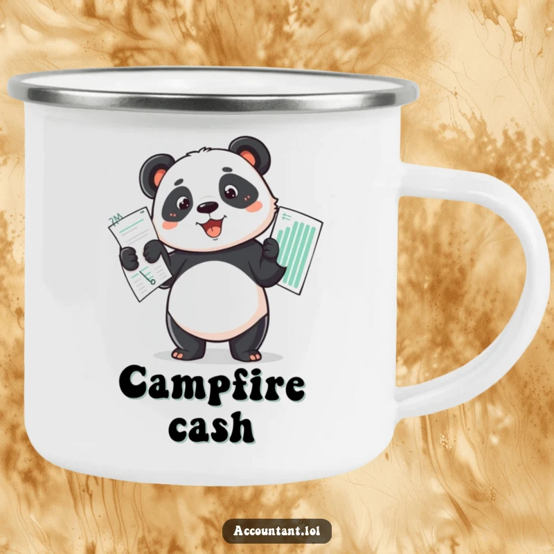 Funny determined panda proudly holding up a perfectly balanced budget spread on a sturdy camping mug.