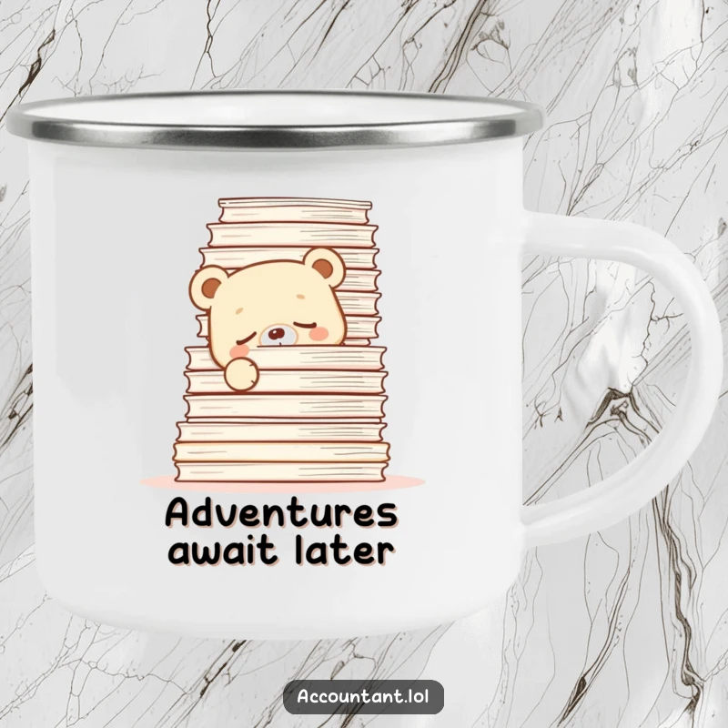 Funny Camping Mug showing a sleepy bear cub behind papers, perfect for outdoor relaxation and humor.
