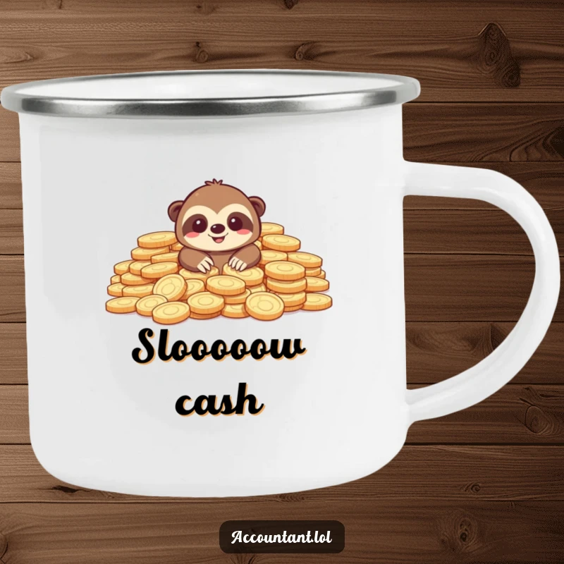 Funny camping mug showing a smiling sloth peeking from a pile of coins, perfect for outdoor adventures and humor.