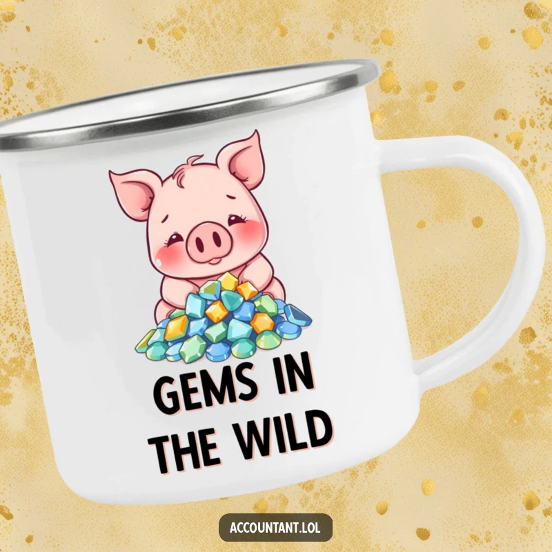 Funny Pig Camping Mug: A smiling pig counts sparkling gems, perfect for adventures and luxurious beverages.