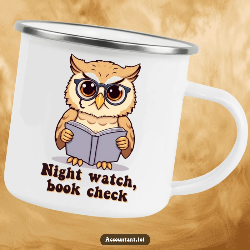 Funny owl scholar camping mug, a cute owl wearing a monocle, examining a ledgerbook, durable for outdoor use.