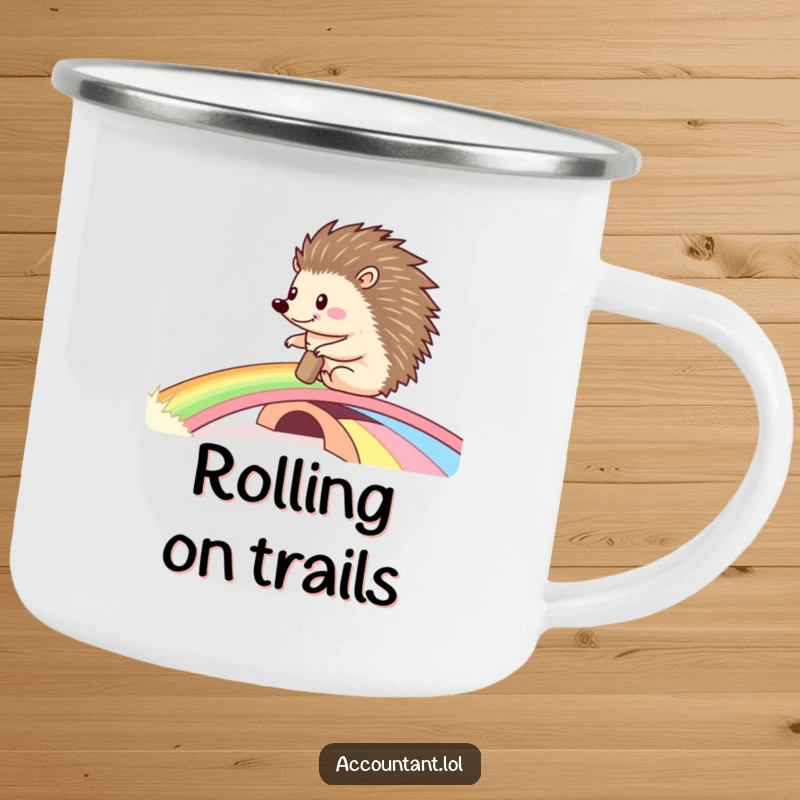 Funny camping mug showing a happy hedgehog rolling a large ledger across a vibrant rainbow bridge, for outdoor record-keeping fun.