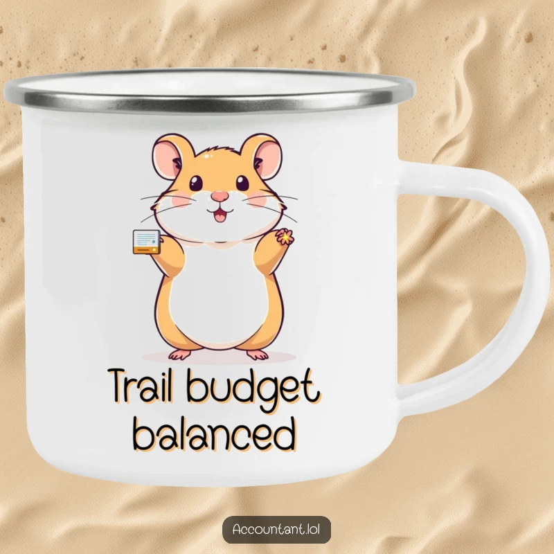 Funny hamster camping mug featuring a proud hamster holding a sparkling, balanced ledger, great for outdoor finance lovers.
